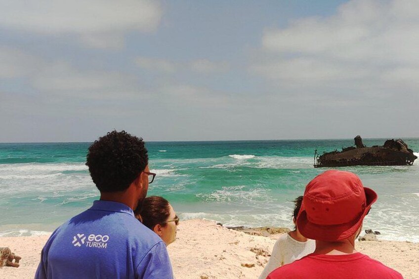 A beach with people observing the ocean, a large rock formation, and a sandy shore. 2