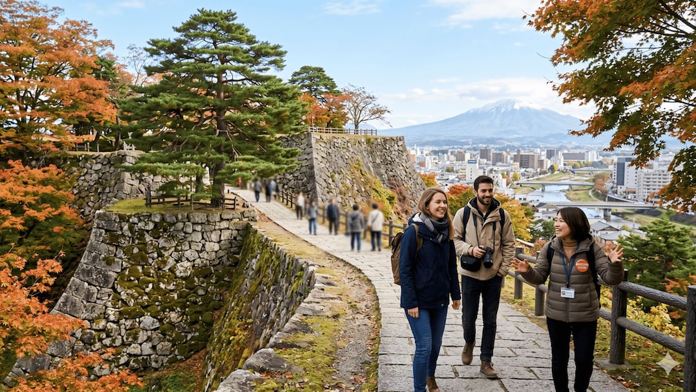 A stone pathway with people walking, surrounded by autumn trees and a view of a cityscape with a mountain in the background. 1