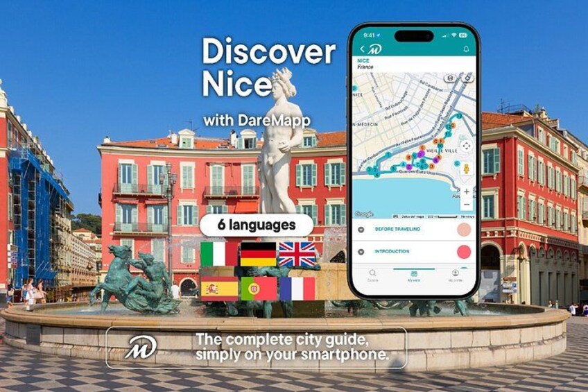 Uno smartphone mostra una mappa con una guida turistica, circondato da una fontana e palazzi storici. 1