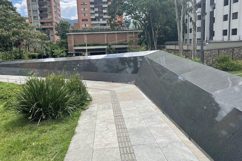 Un sendero pavimentado, una pared negra reflectante y una zona verde con plantas altas. 4