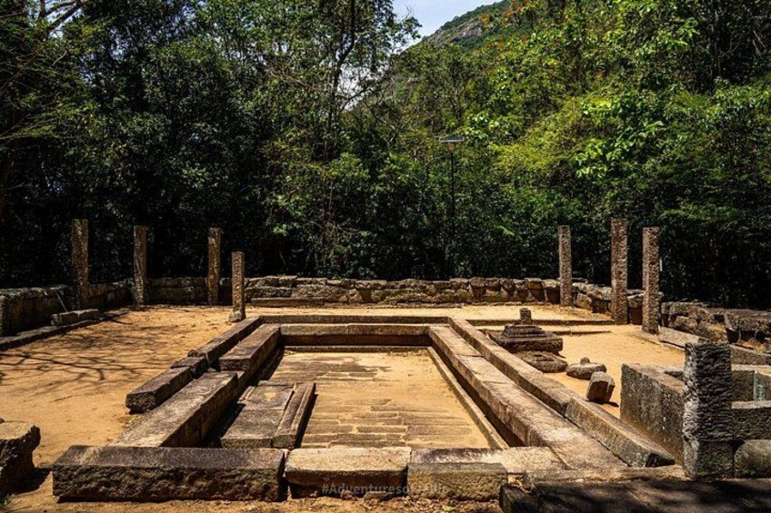 Ancient stone ruins with rectangular structures and columns, surrounded by dense forest. 3