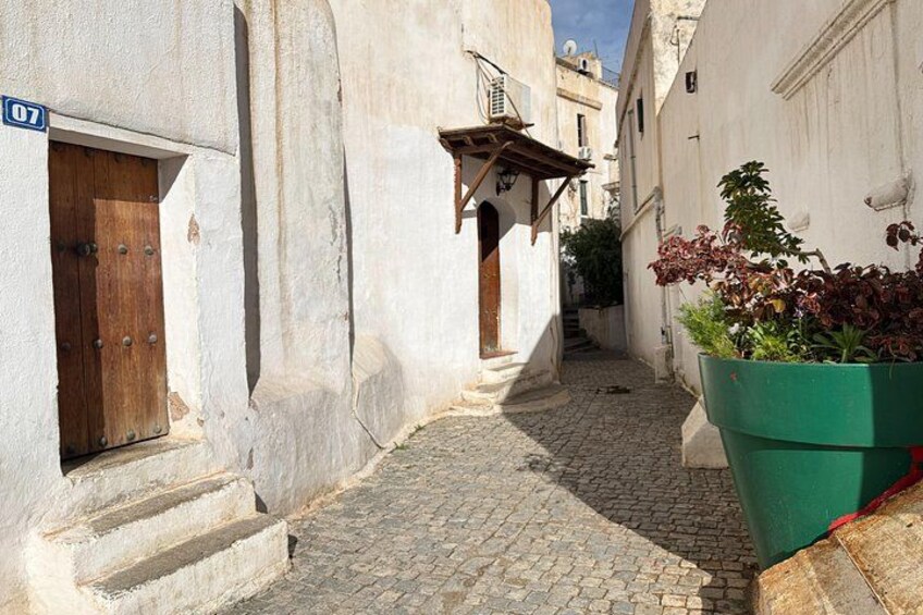 Una estrecha calle adoquinada con edificios, una puerta de madera y una jardinera verde con plantas. 4