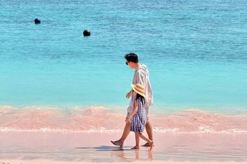 A person walking on a beach with clear water and a calm sea in the background. 2