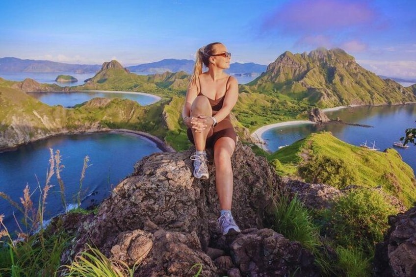 A person sitting on a rock overlooking a coastal landscape with mountains and a bay. 4