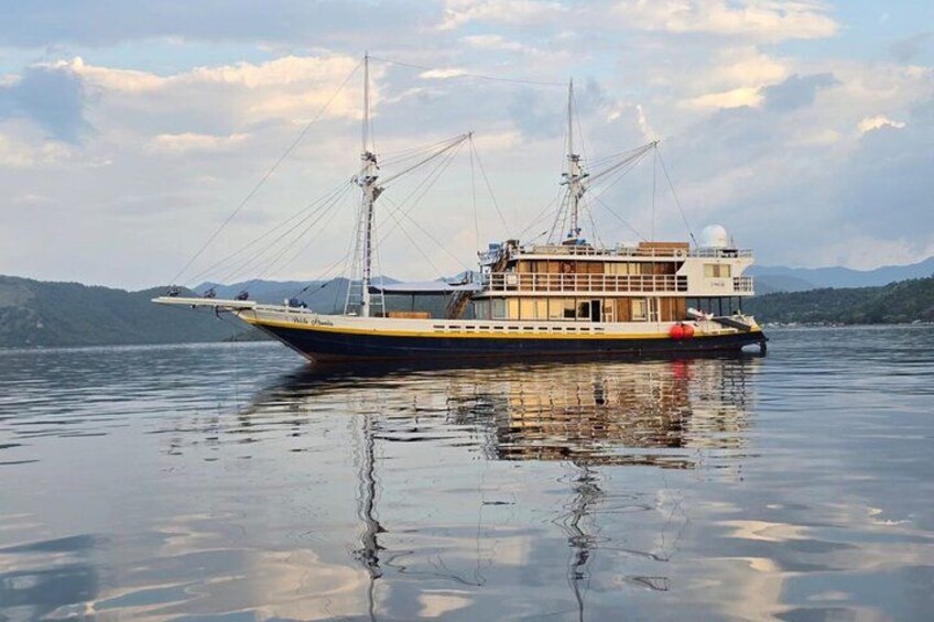 A large sailing ship with multiple masts and a cabin structure on calm water with a mountainous landscape in the background. 1