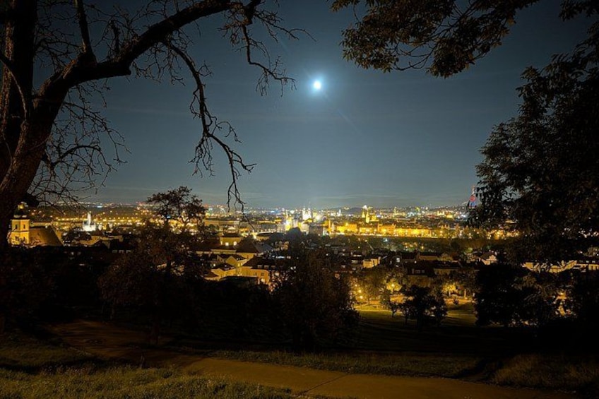 A nighttime cityscape with a prominent tree in the foreground, a brightly lit moon, and a distant city skyline. 1