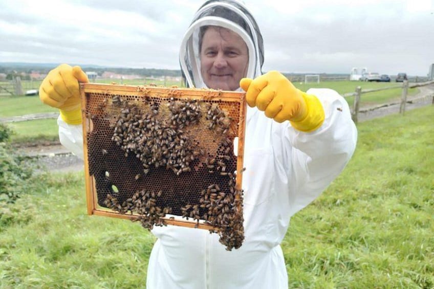 A person in protective clothing holding a beehive. 2