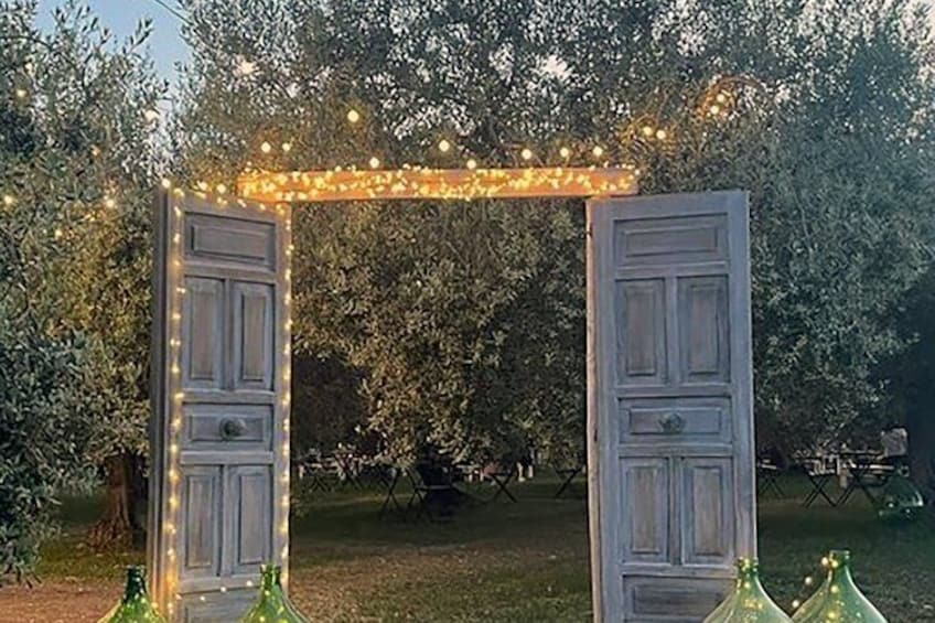 An outdoor archway with lights, surrounded by greenery. 5