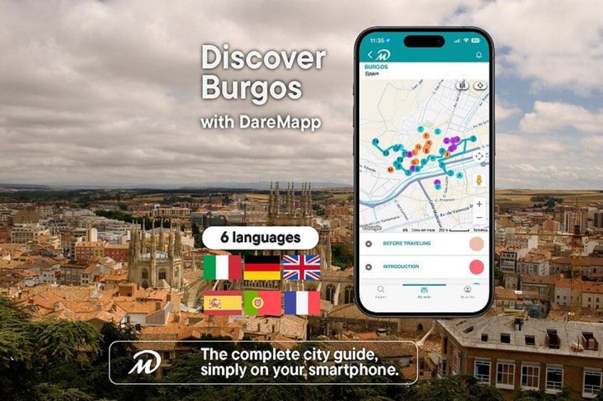 A smartphone displaying a map with various colored pins, indicating points of interest in Burgos. 1