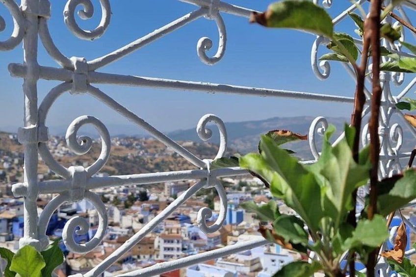 A metal balcony railing with a view of a cityscape in the background. 2