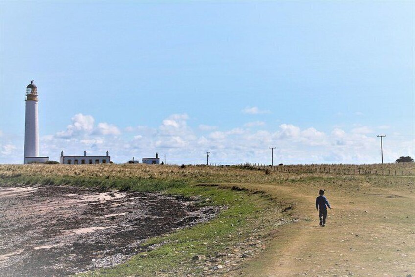 Een vuurtoren, een onverhard pad en een grasveld met een persoon die loopt. 2
