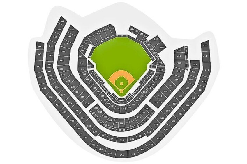 A baseball stadium with a green field and seating sections numbered from 1 to 430. 4