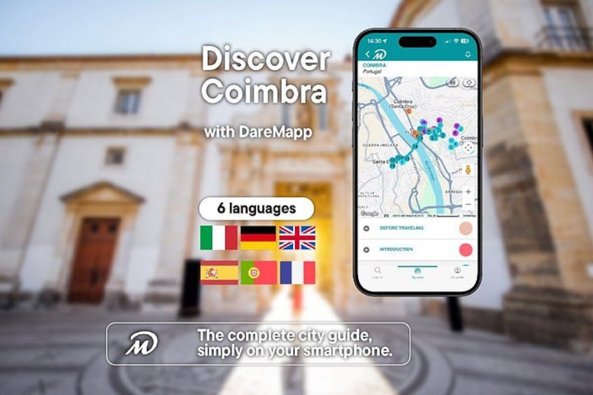 Un teléfono inteligente mostrando un mapa con puntos de referencia y un edificio al fondo. 1