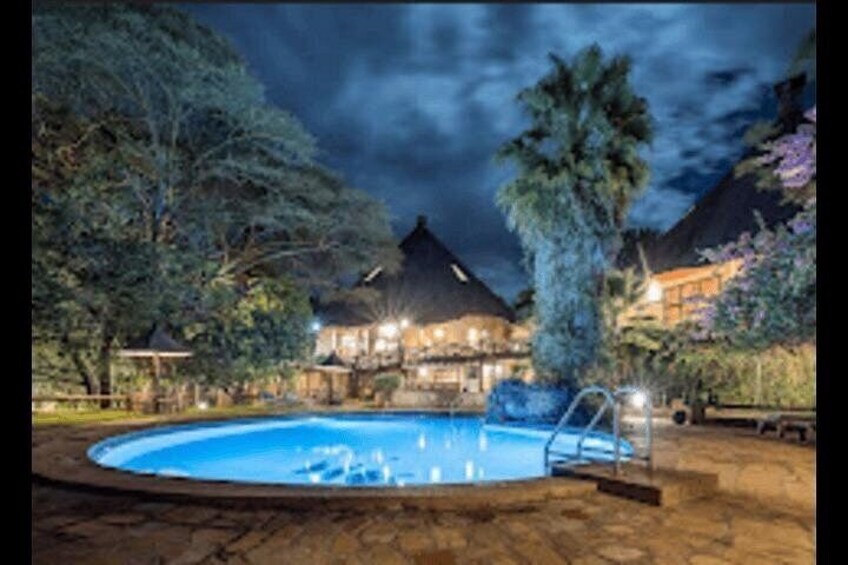 A swimming pool surrounded by trees and a building with a thatched roof at night. 3
