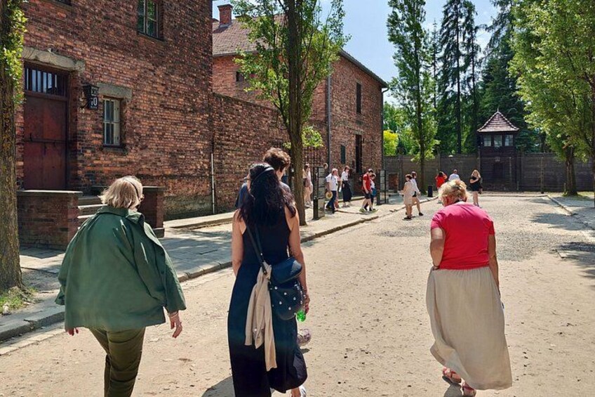 A group of people walking on a dirt path in a historical area with brick buildings and trees. 5