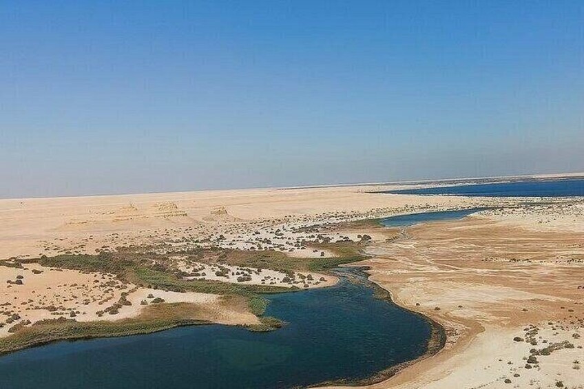 Paisaje desértico con un río, vegetación escasa y cuerpos de agua a lo lejos. 1