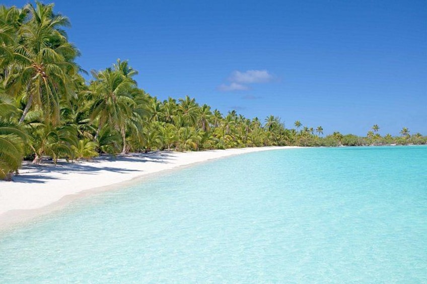 A beach with white sand, clear turquoise water, and palm trees. 3
