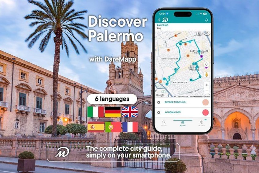 Een smartphone toont een kaart van Palermo met bezienswaardigheden en een stadsplattegrage-interface. 1