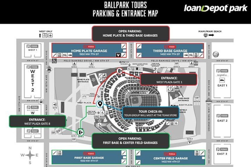 A parking and entrance map for Ballpark Tours. 2