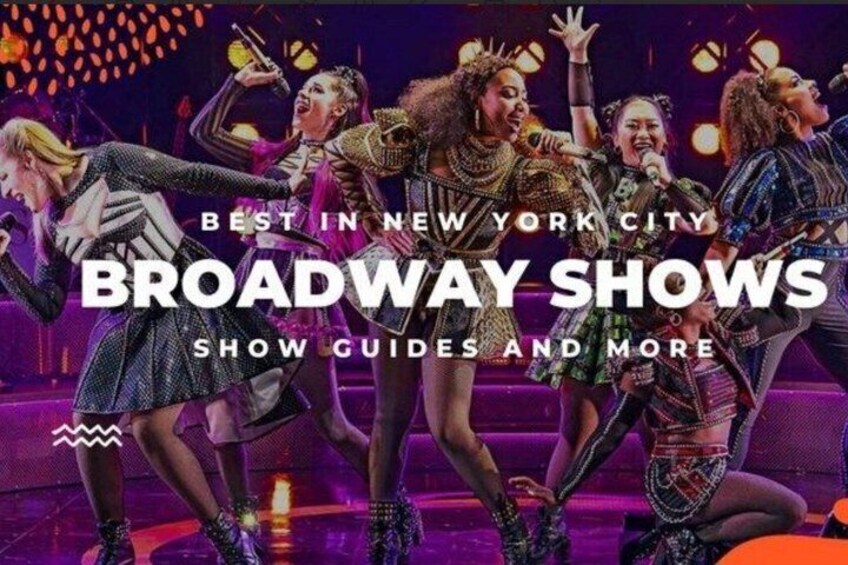 En grupp artister uppträder på scenen i en Broadway-föreställning med en lila och orange bakgrund. 2