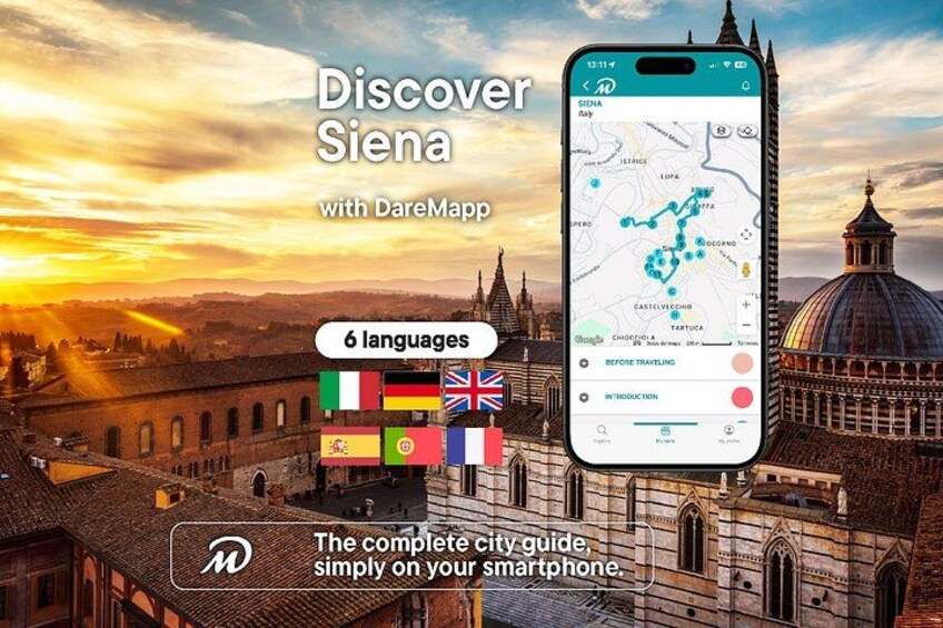 Ein Smartphone zeigt eine Karte mit Stadtsehenswürdigkeiten, umgeben von einer Skyline mit historischer Architektur. 1