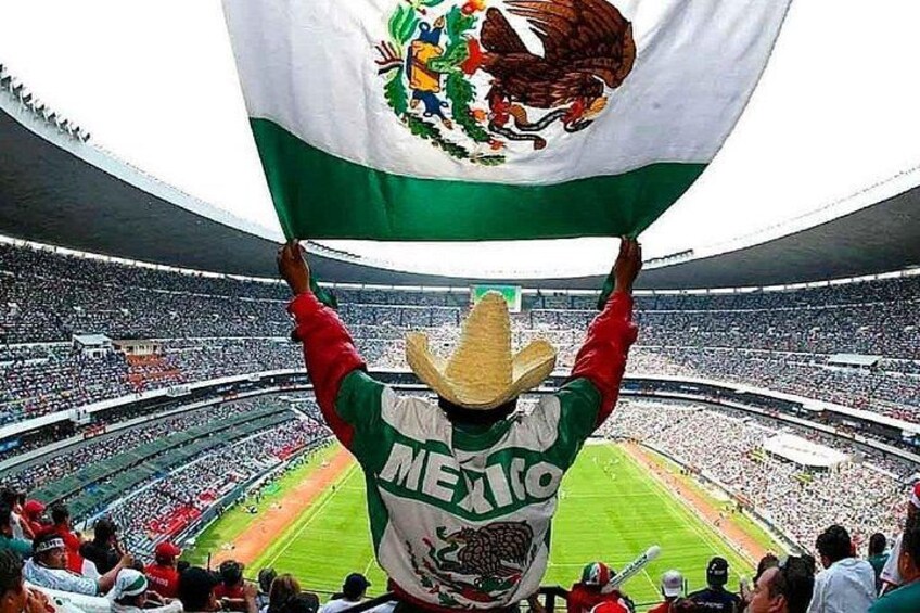 Una persona che tiene una bandiera con uno stemma, indossa un cappello e una giacca con la scritta 'Mexico', in uno stadio pieno di spettatori. 1
