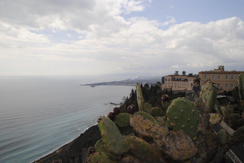 A coastal landscape with cacti, a building, and a distant shoreline. 3