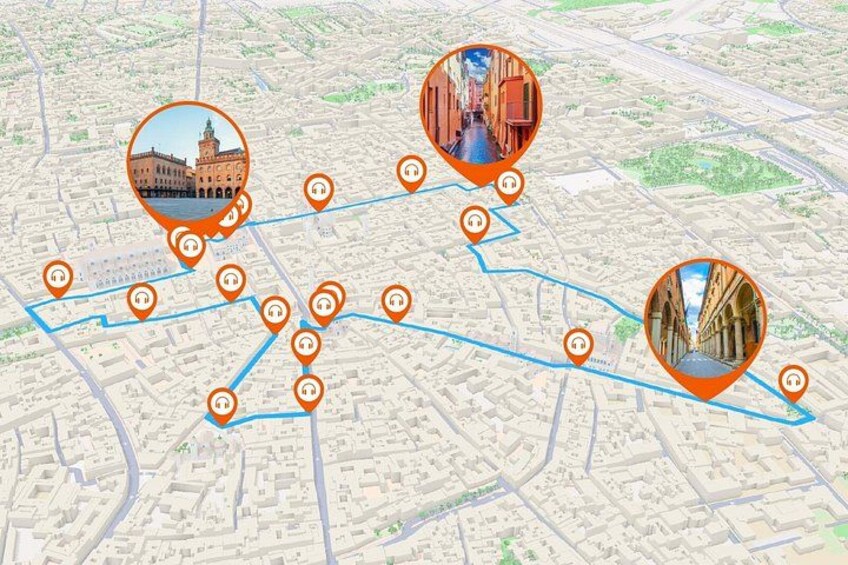 A city map with highlighted landmarks and routes. 3