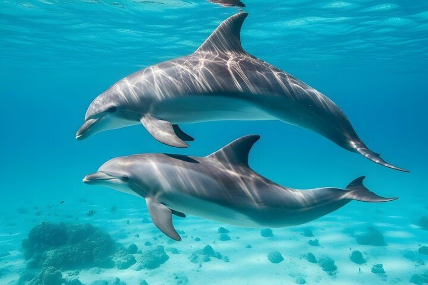 Dos delfines nadando bajo el agua, con un lecho marino arenoso y rocas dispersas. 3