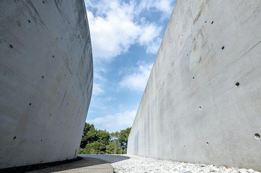 Una estructura de concreto con aberturas, cielo despejado y árboles al fondo. 3