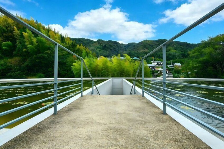 Un puente peatonal sobre un río con barandillas de metal, rodeado de vegetación y colinas. 2