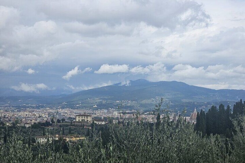 Un paisaje urbano con una cúpula destacada y montañas al fondo. 3