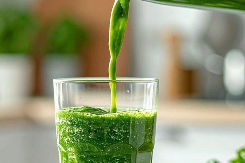 A glass of green liquid being poured into it. 5
