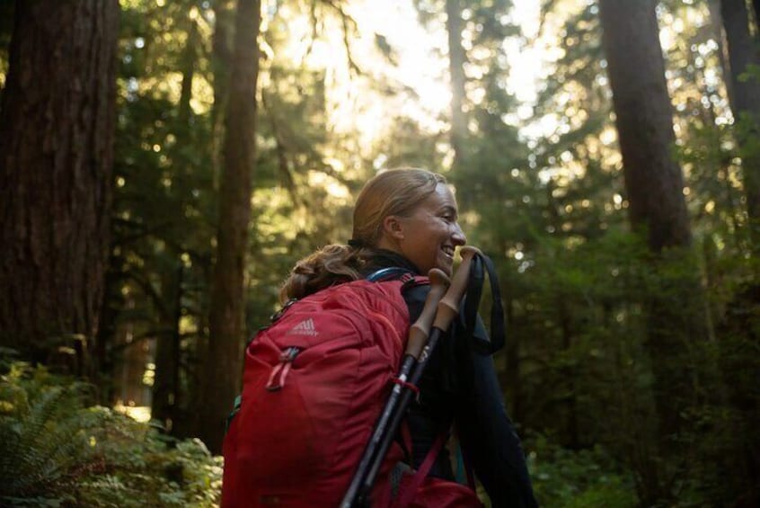 A person hiking in a forest with a red backpack and a rifle. 3