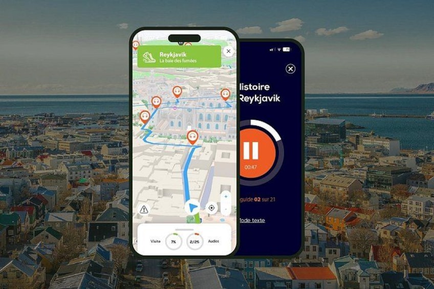 Uno smartphone mostra una mappa con un percorso e l'interfaccia di un lettore musicale. 1