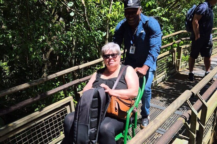A person sitting on a wooden bridge with metal railings, surrounded by dense green foliage. 2