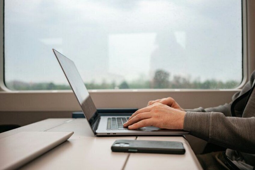 A person using a laptop on a train. 1