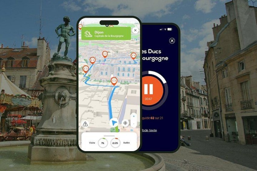 A smartphone displaying a map with a statue and buildings in the background. 1