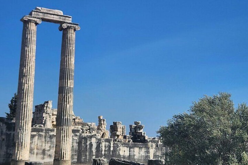 Ancient ruins with two prominent columns and scattered stone structures. 2
