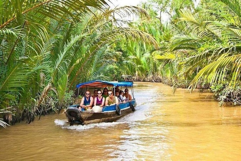 A boat with passengers navigating a river surrounded by dense palm trees. 5