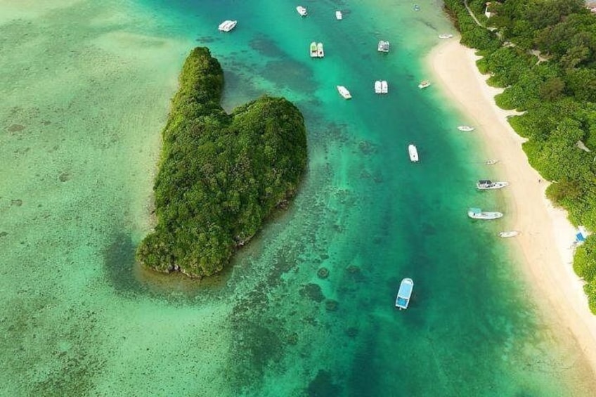 An aerial view of a tropical island with clear turquoise waters, a sandy beach, and several boats anchored near the shore. 3