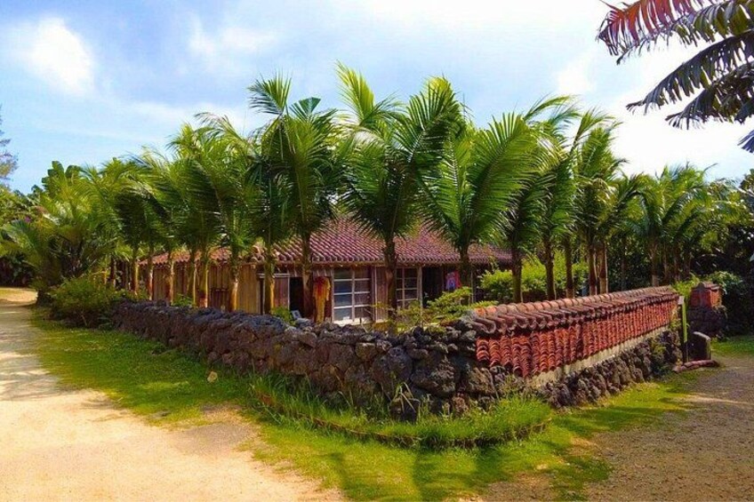A traditional house with a tiled roof, surrounded by a stone wall and palm trees. 5