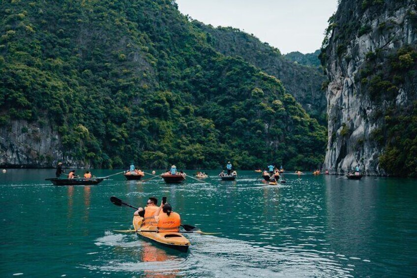 Un gruppo di persone che fanno kayak su un fiume tranquillo, circondato da dolci colline verdi. 5