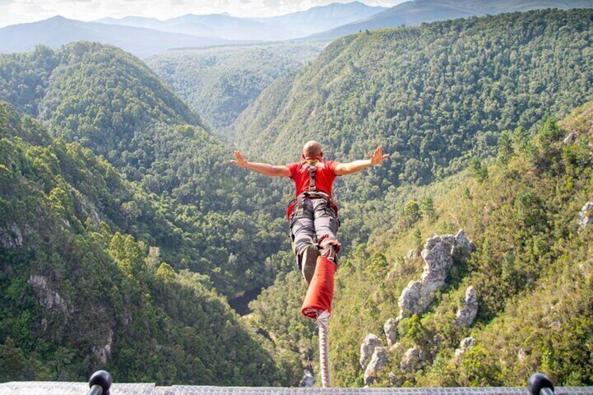 Une personne pratiquant le saut à l’élastique, les bras tendus, au milieu d’un paysage montagneux. 1