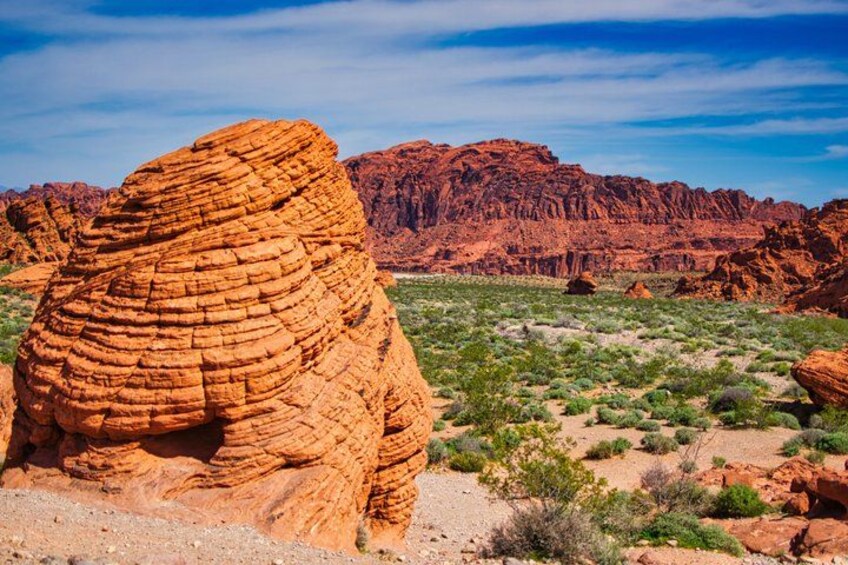 A large red rock formation in a desert landscape with sparse vegetation and distant mountains. 5
