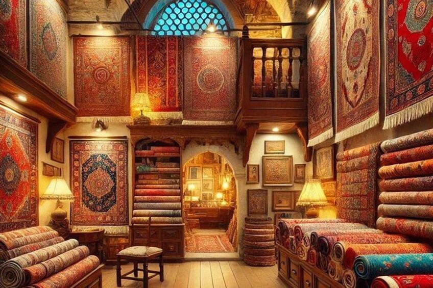 Una tienda de alfombras con varios modelos exhibidos en estanterías y mesas, una escalera y un revestimiento mural con diseño. 3