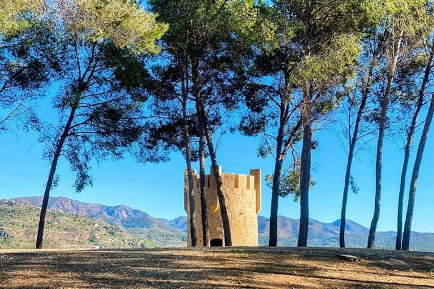 A solitary tower surrounded by trees and mountains. 2