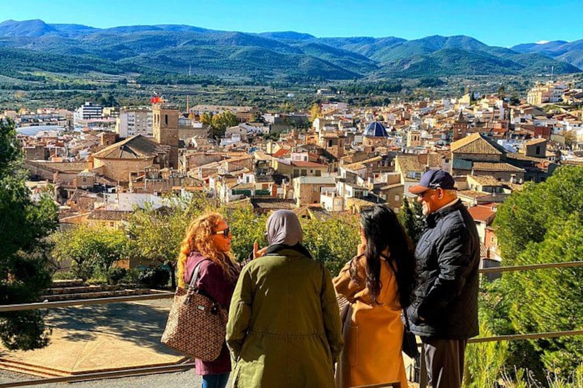 A group of people overlooking a town with a mountainous backdrop. 1
