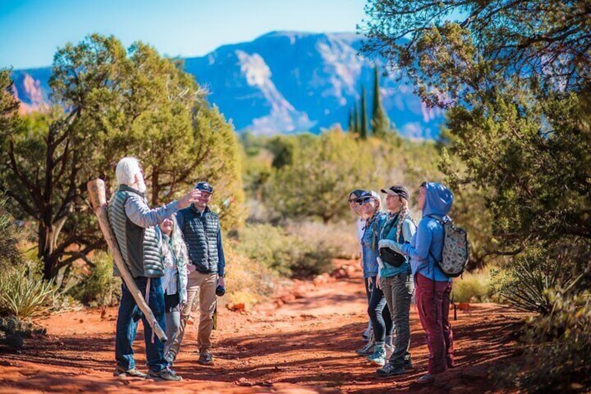 Un grupo de excursionistas en un sendero con formaciones rocosas rojas y árboles al fondo. 3