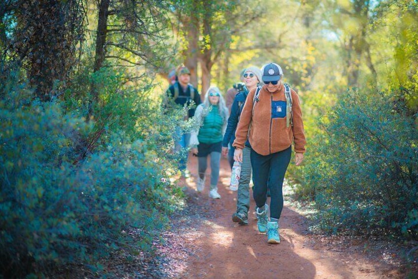 Un grupo de personas caminando por un sendero en el bosque. 2